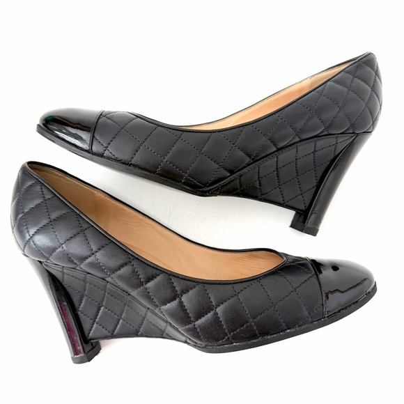 CHANEL | Black Quilted Leather Cap Toe Wedge Pumps 38.5 classic CC logo heels - Picture 4 of 16